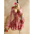 Women's summer new retro floral print tie-waist long sleeve top and midi skirt two-piece set (accessories not included)