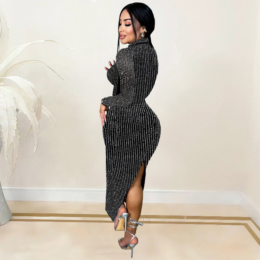 C7093 cross-border   fashion women's hot diamond slimming bag arm long sleeves two-piece skirt new