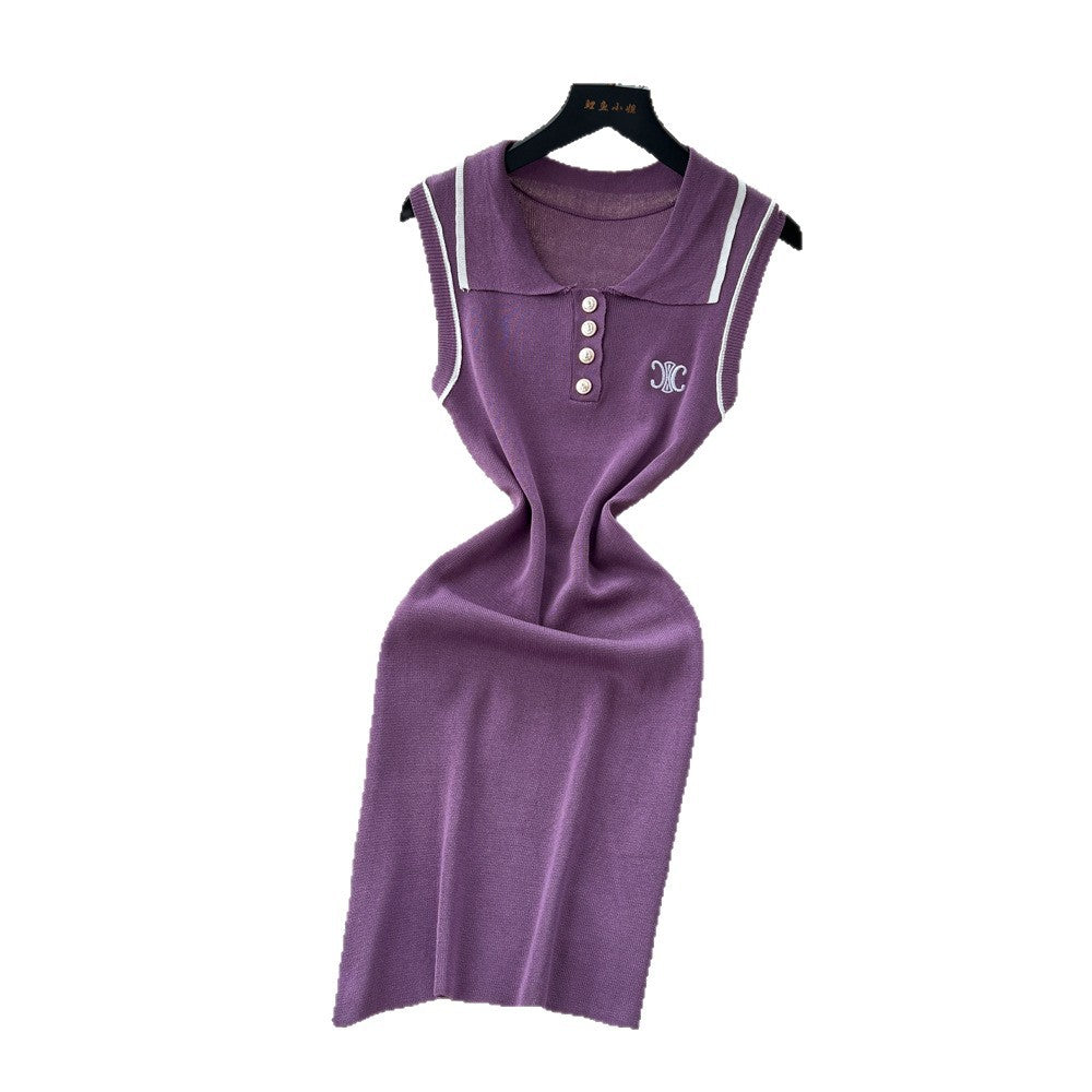Frenchretro socialite tweed stylefashioncontrast colorembroiderpolo collar sleeveless waist slimming lookknittingdress women