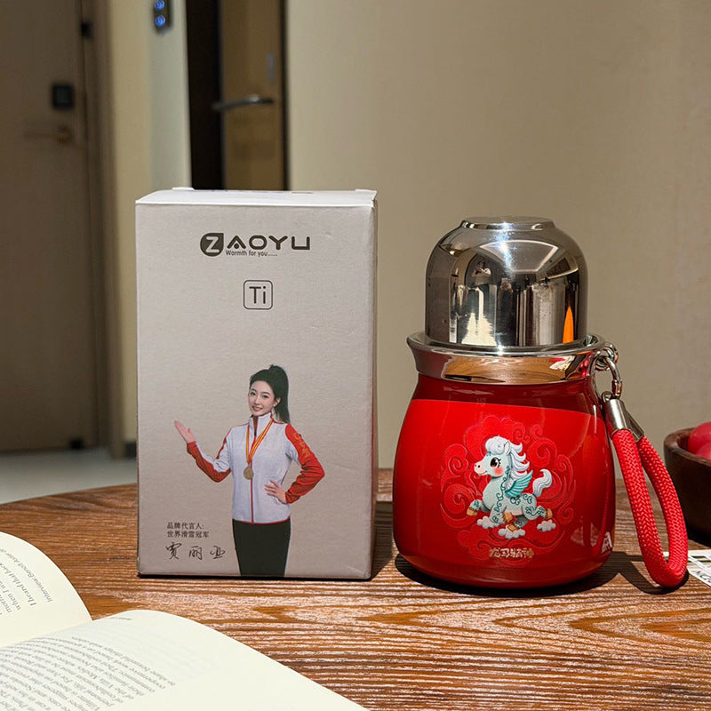 New arrival national trend horse year thermal insulation titanium ingot gourd thermos cup tea water separation three-drink thermos water cup stew tea cup