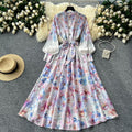 Palace retrofrenchclassydress women's long waist strap stand collar lantern long sleeves printingdress
