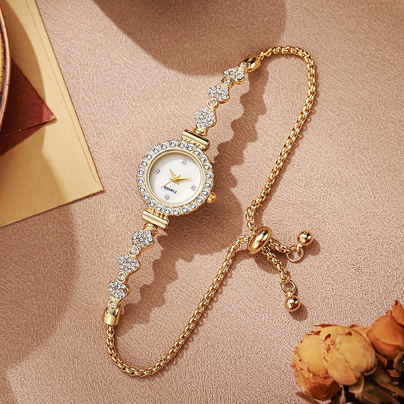 girls watch with small diamonds inspreppy style elegant dial decoration lazy pull-out small bracelet women's watch