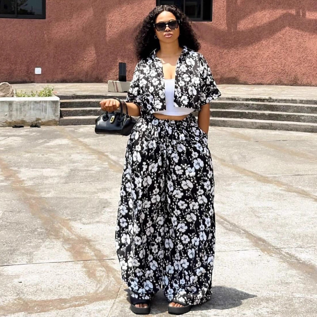 European and American large-size women's clothing 2025 new simple casual cardigan printed shirt trousers African fashion foreign style suit