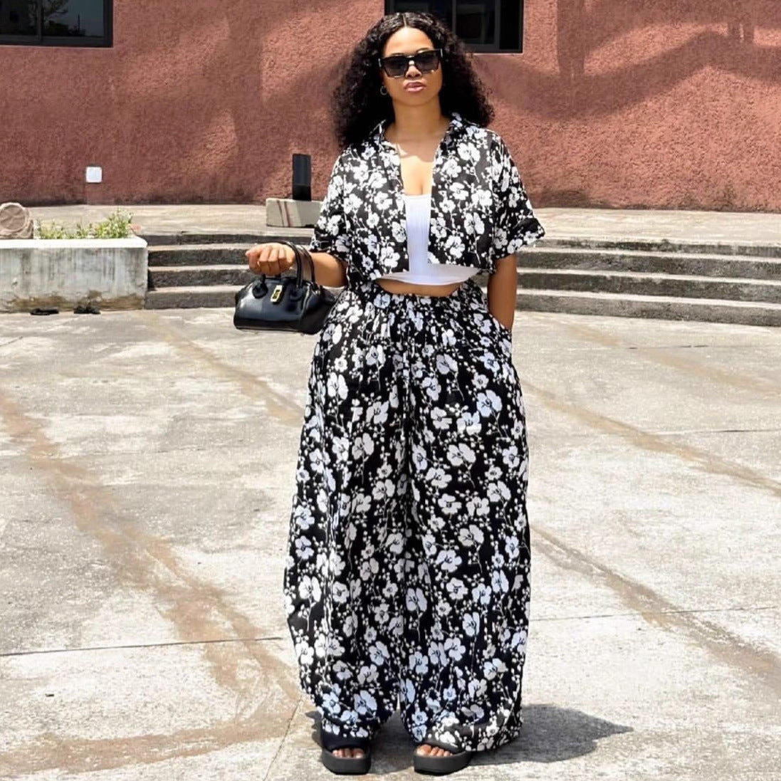 European and American large-size women's clothing 2025 new simple casual cardigan printed shirt trousers African fashion foreign style suit