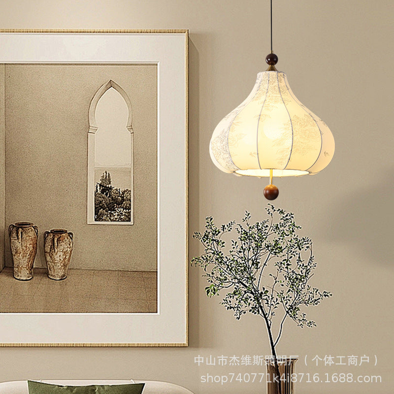 Medieval style gourd printing fabric small chandelier log beads retro single head chandelier restaurant bar bedroom bedside
