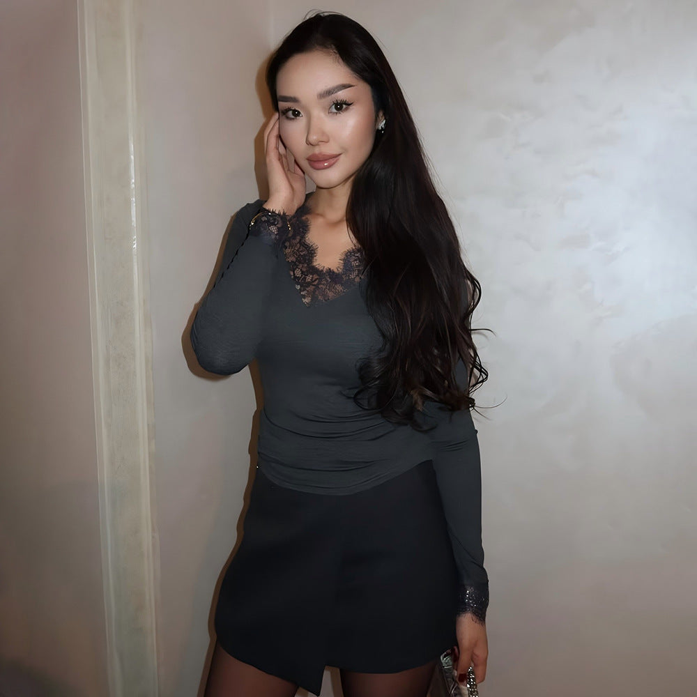 autumn new arrival: european & american style lace-trimmed v-neck top - sexy, slim-fit long sleeve base layer tee