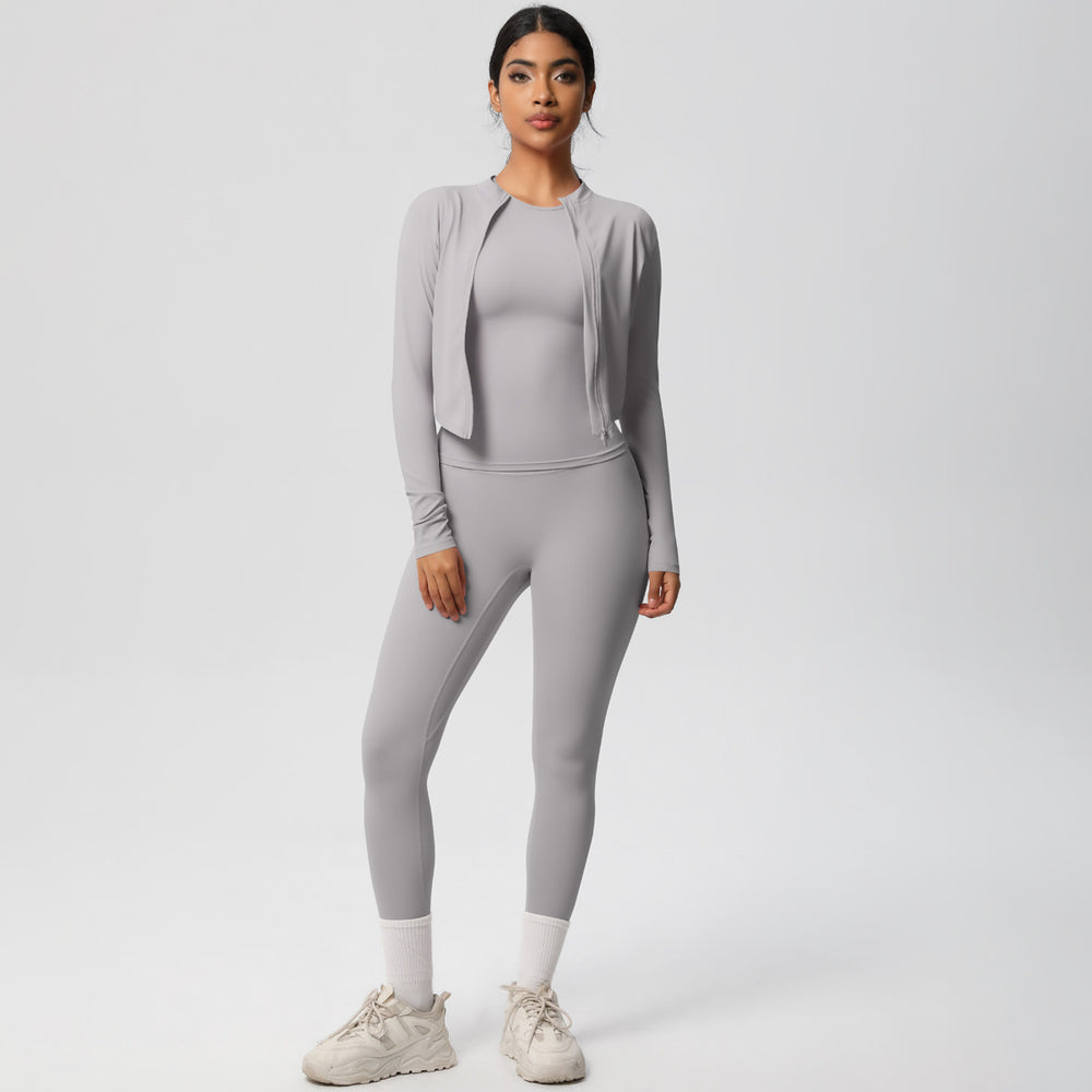 European and american nude feel solid color slim-fit top, jacket, and yoga outfit - quick-dry activewear three-piece set for outdoor leisure, running, and fitness