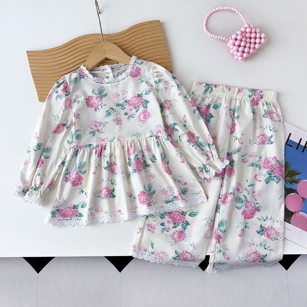 Autumn korean style new children's wear: girls' all-over floral print lace blouse and loose wide-leg pants set - kids' loungewear