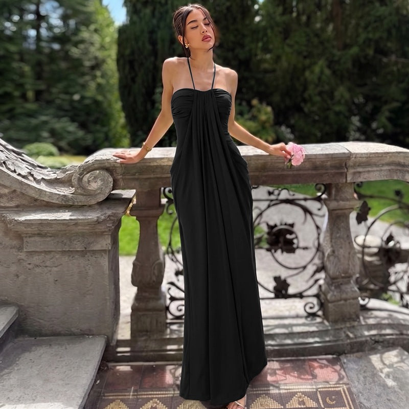 European and american cross-border women's fashion:  summer new arrivals - stylish vacation-inspired solid color halter neck tie-back backless dress wholesale