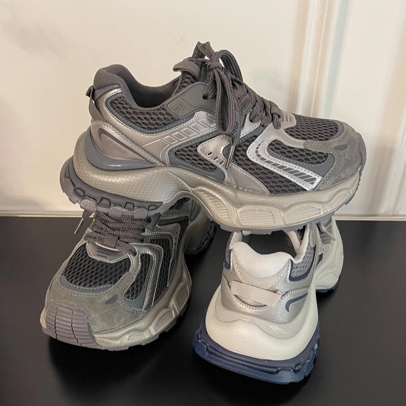 Chunky platform monster dad shoes - women's trendy ins style, spring 2026 new arrival, versatile retro silver-gray athletic casual sneakers