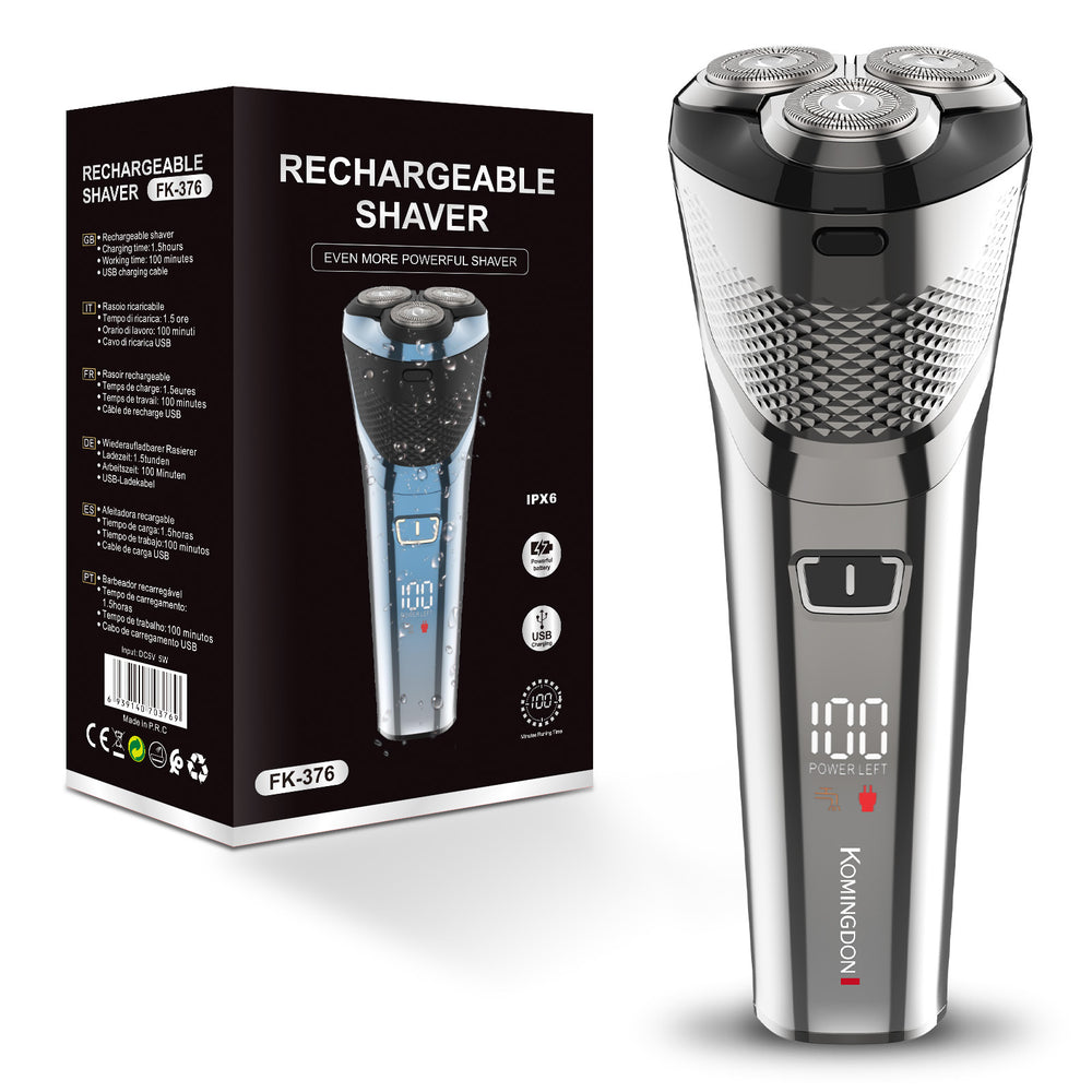 Full body washable electric shaver, rechargeable razor with floating triple-blade head, beard trimmer, 60-minute battery life