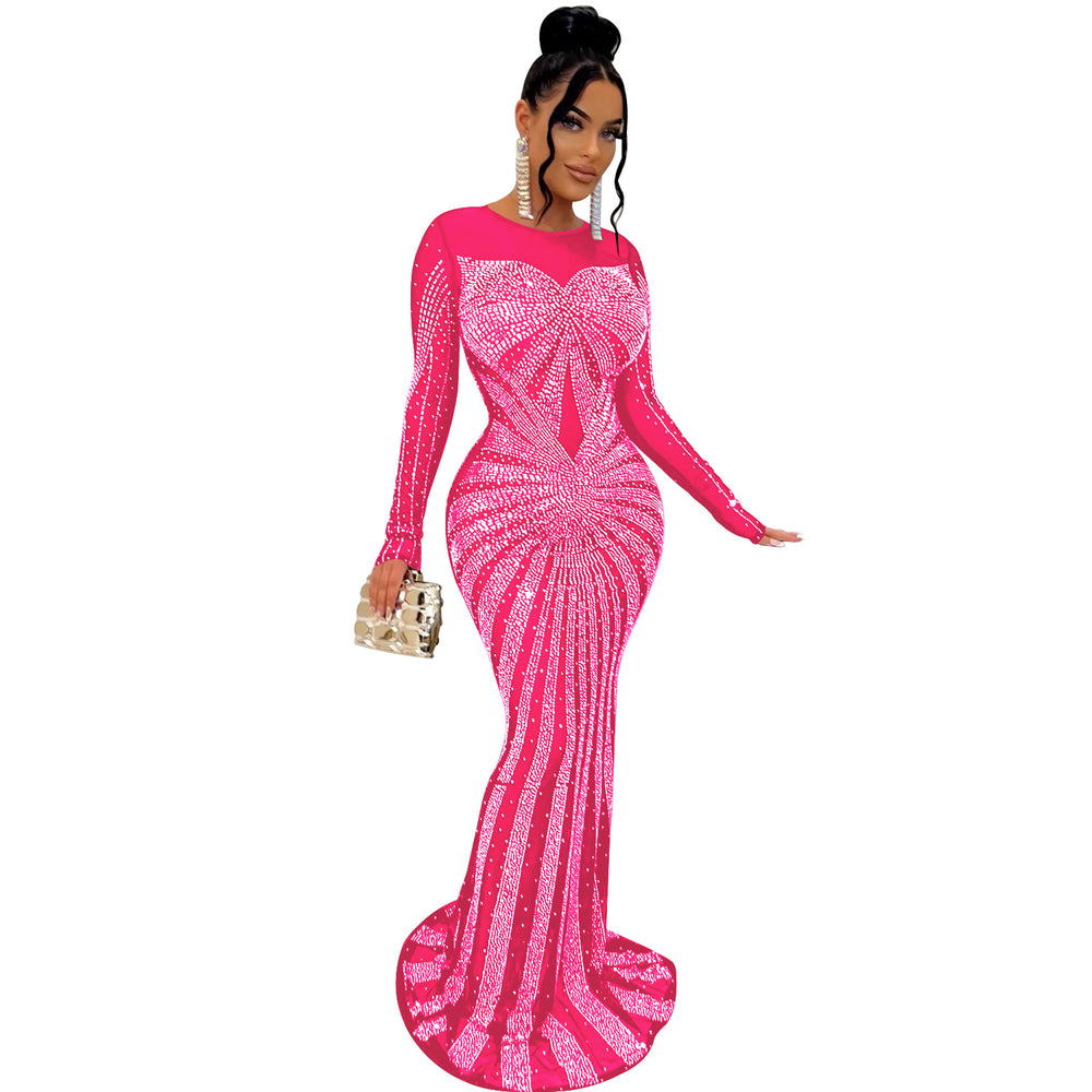 C6198   fashion women's solid color mesh see-through rhinestone long sleeve maxi dress