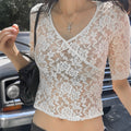European and american style cross-border women's clothing  summer new v-neck waist-cinching lace sexy short-sleeve patchwork t-shirt top wholesale