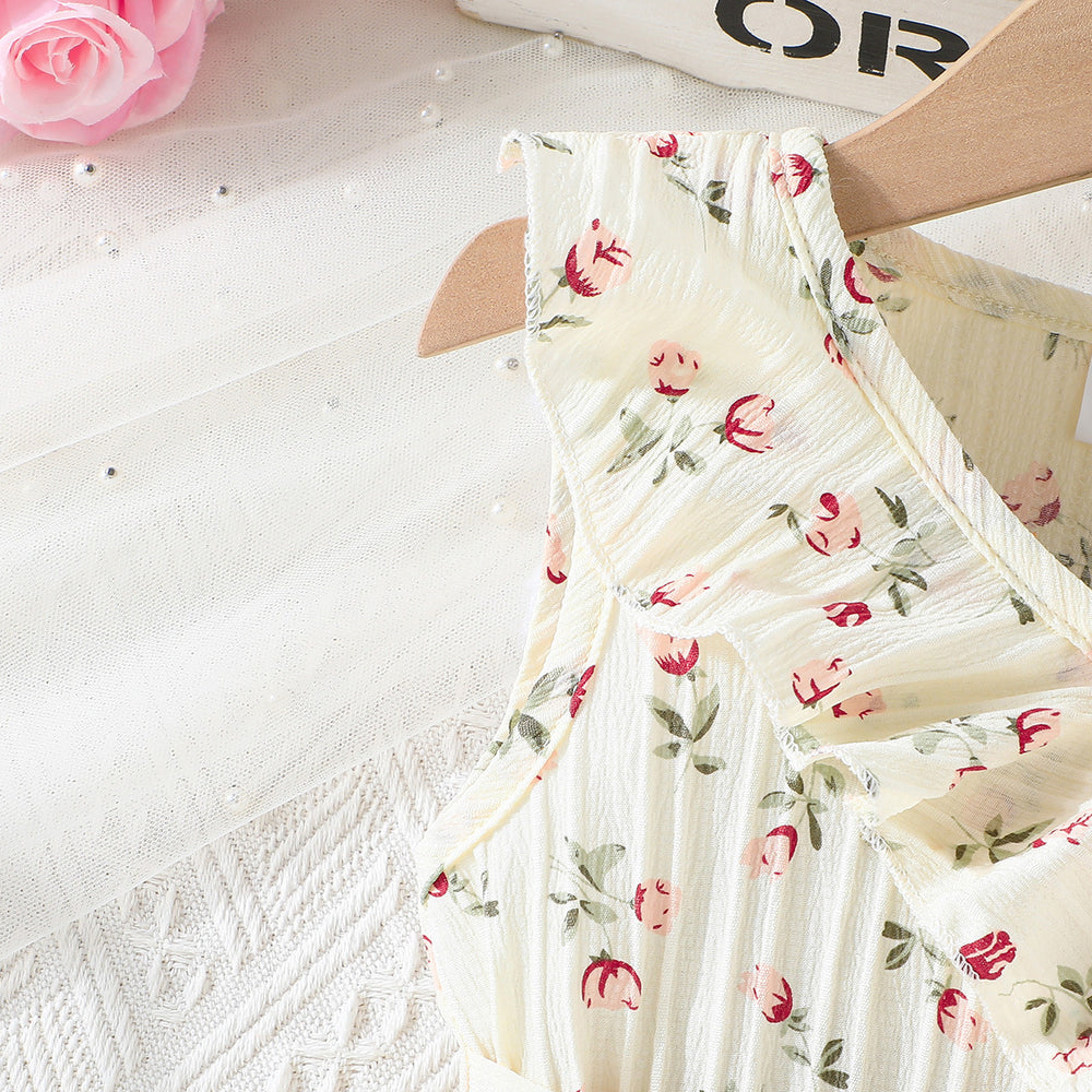 summer new arrival: girls' solid beige floral print ruffle collar dress with belt - ready stock wholesale