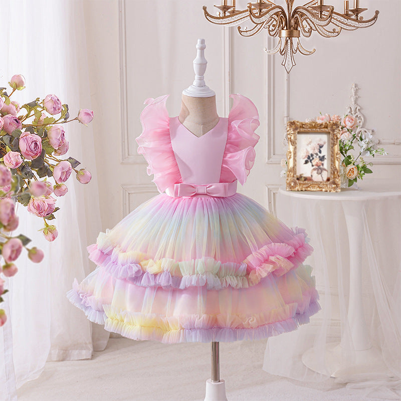 European and american new princess dress mesh print rainbow floral girl's wedding dress party baby's first birthday christening gown