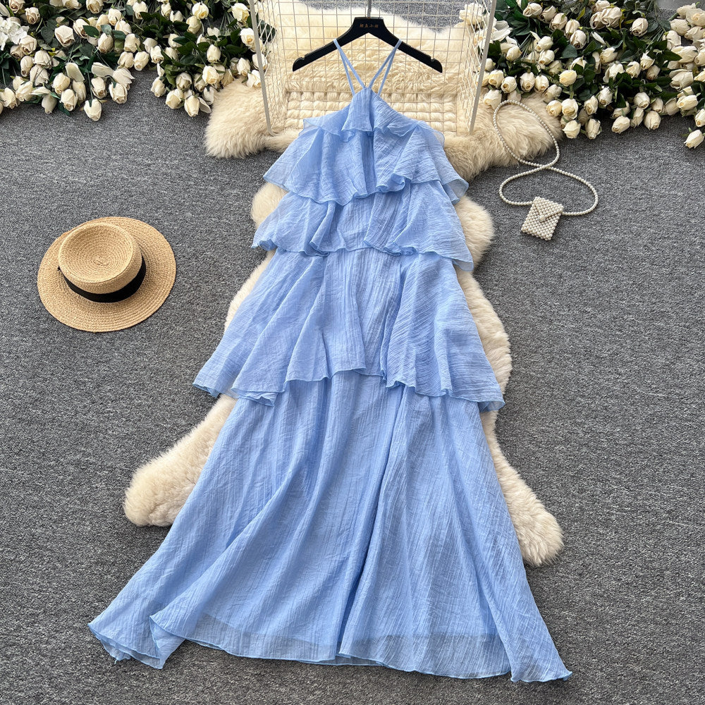 Vacation-style sleeveless romantic yellow cake dress - women's summer ruffle trim slimming fairy dress