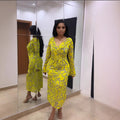 European and american cross-border women's clothing:  autumn/winter new collection - long sleeve, deep v-neck, cinched waist, printed, elegant long dress