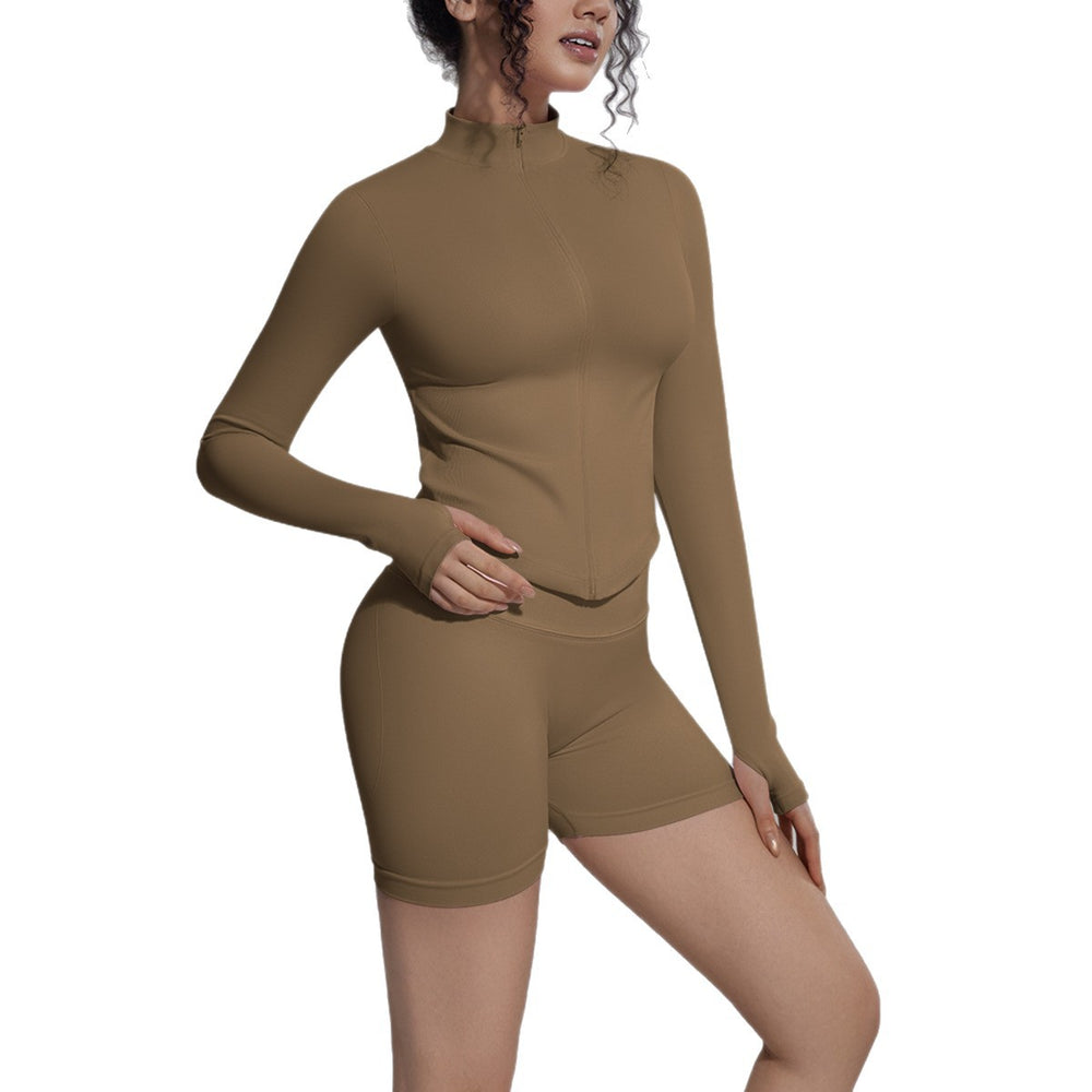 seamless pure color tight high elastic breathable stand collar zipper outwear sports running fitness yoga suit for women