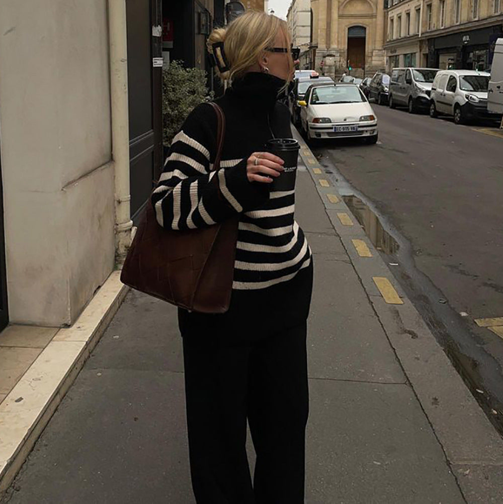 European and american women's clothing  fall/winter new arrivals:  cross-border casual turtleneck striped zipper pullover knit sweater