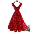 Women's summer casual elegant polka dot print v-neck ruffle trim pleated bow tie waist long maxi dress