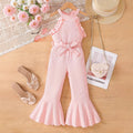 children's summer camisole top and flared pants set, in a blush pink ribbed knit, for girls. includes a vest top and long pants