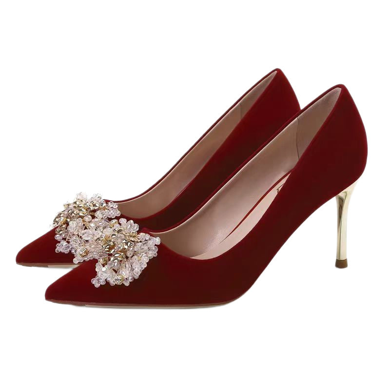 Wedding shoes women's 2025 new arrival stiletto heel bridal shoes pointed toe red wedding dress toasting high heels