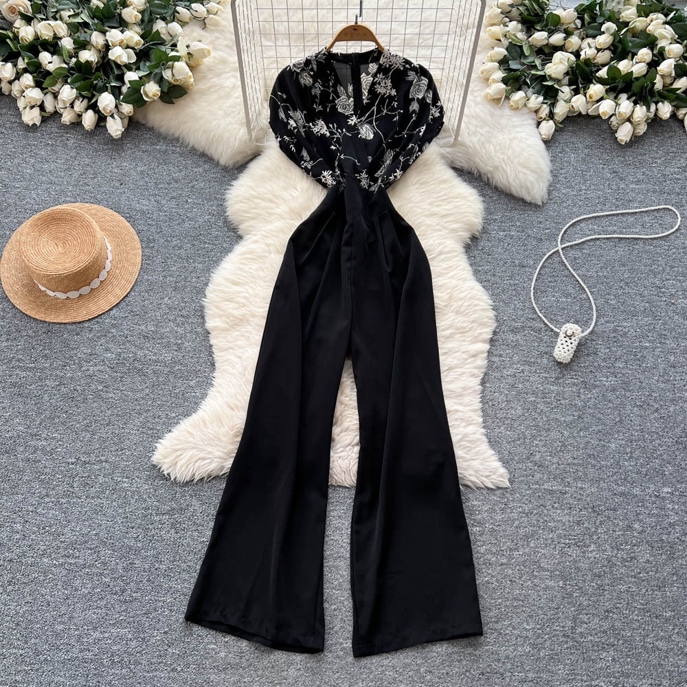 European and american style high-end criss-cross neck flutter sleeve jumpsuit - women's summer slimming wide-leg over-the-knee pants for a chic and powerful look