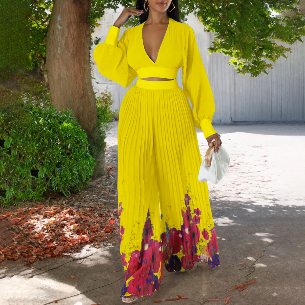 European and american women's clothing  spring new fashion elegant chiffon v-neck pleated top and printed wide-leg pants foreign trade set