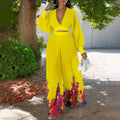 European and american women's clothing  spring new fashion elegant chiffon v-neck pleated top and printed wide-leg pants foreign trade set