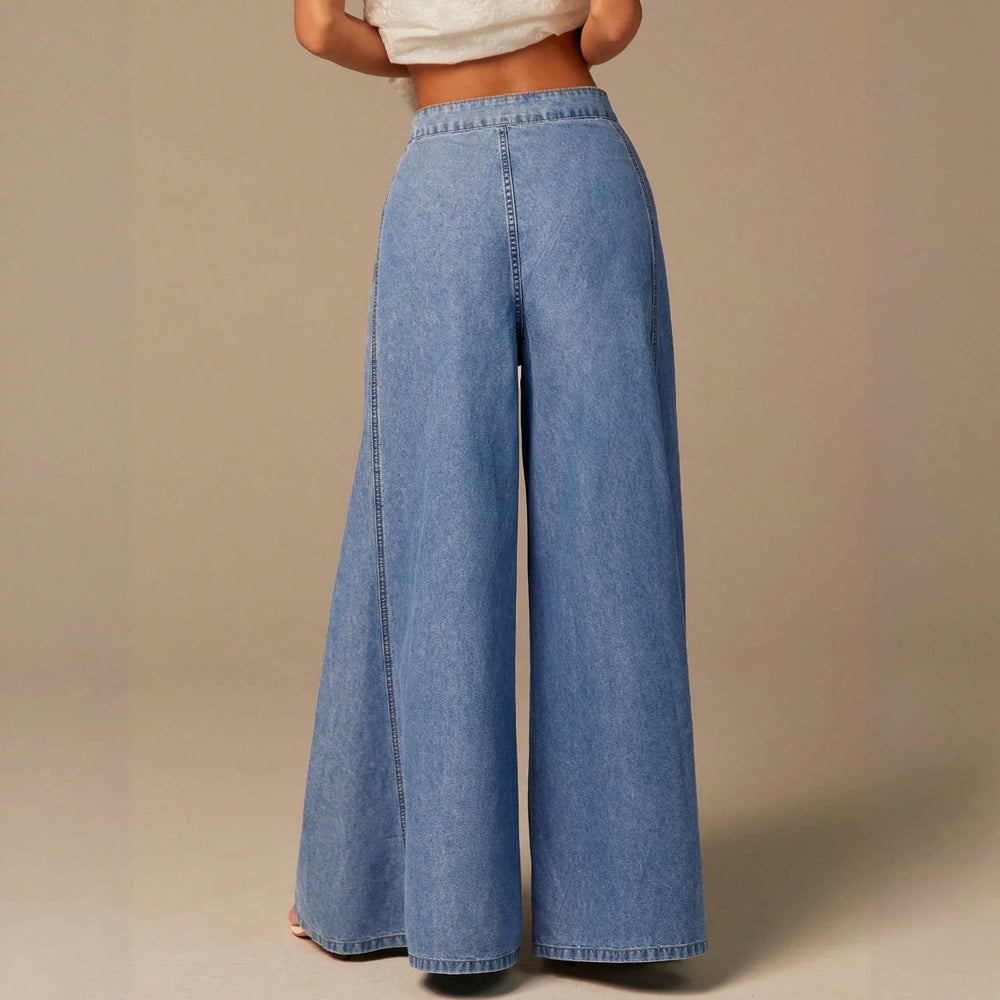 European and american style women's light blue washed single-breasted high-waisted wide-leg jeans - vintage drape, floor-length denim pants