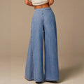 European and american style women's light blue washed single-breasted high-waisted wide-leg jeans - vintage drape, floor-length denim pants