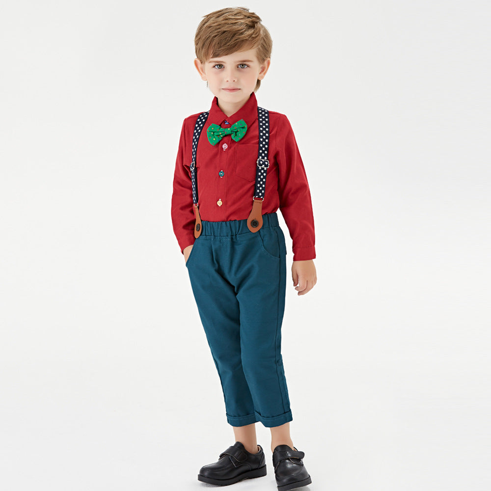 Exportautumnew arrival children's clothing boys single long sleeves shirt dark pants suit boys christmas dress personalized