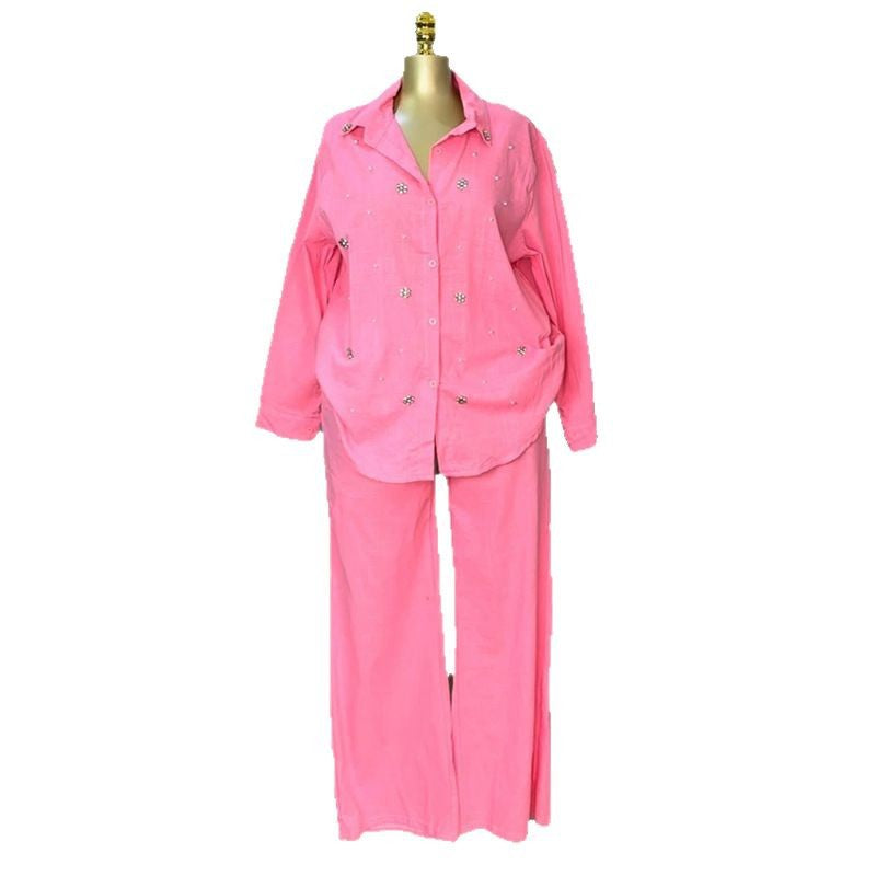 European and american women's clothing  summer new collection: sweet and fresh turn-down collar long sleeve beaded blouse and high-waisted straight-leg pants two-piece set