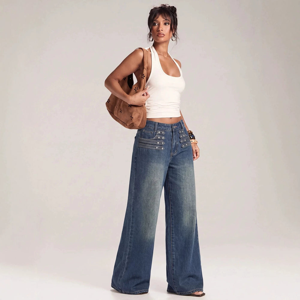 European and american style women's vintage high-waisted studded wide-leg jeans - washed, distressed, multi-row button detail, relaxed fit long pants