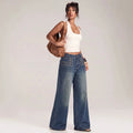 European and american style women's vintage high-waisted studded wide-leg jeans - washed, distressed, multi-row button detail, relaxed fit long pants
