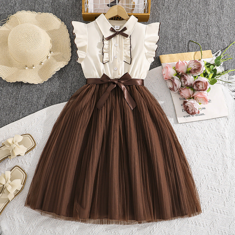 Girls' dress - cross-border children's wear -  summer new style - chic flutter sleeve color block mesh kids' princess dress - wholesale
