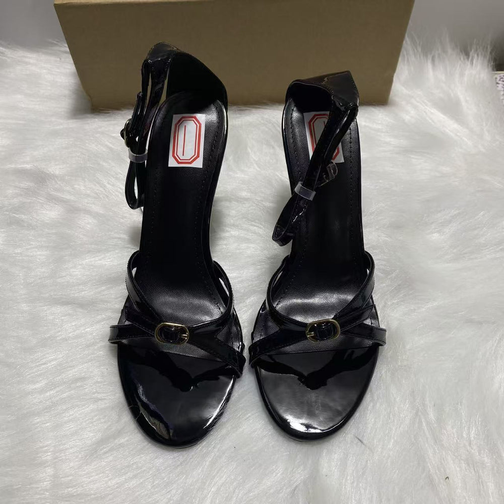 French chic thin strap lambskin patent leather 2025 summer flat round toe open toe genuine leather versatile buckle sandals for women