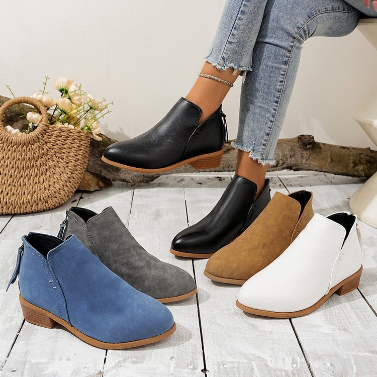 Fashionexportplus size leather boots women's boots pure colorslimming look pointed toe back zipper casualthick sole thick heel boots women's single