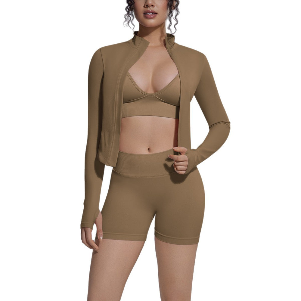 New seamless solid color high-waisted leggings, high-stretch backless shorts, and sports bra 3-piece set for running, fitness, and yoga