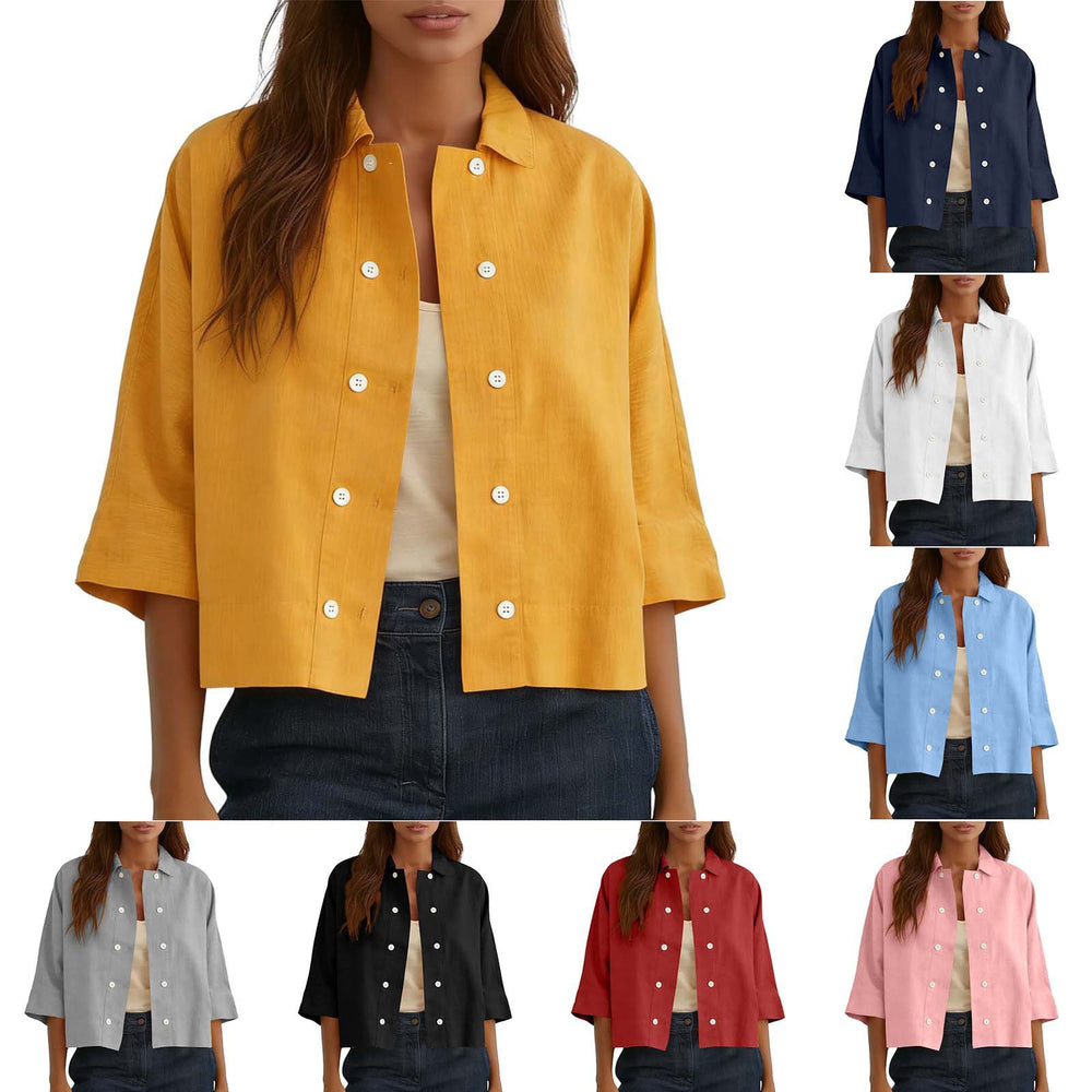 cross-border  solid color cotton linen double-breasted cropped short-sleeve cardigan shirt women's top blouse