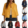 cross-border  solid color cotton linen double-breasted cropped short-sleeve cardigan shirt women's top blouse