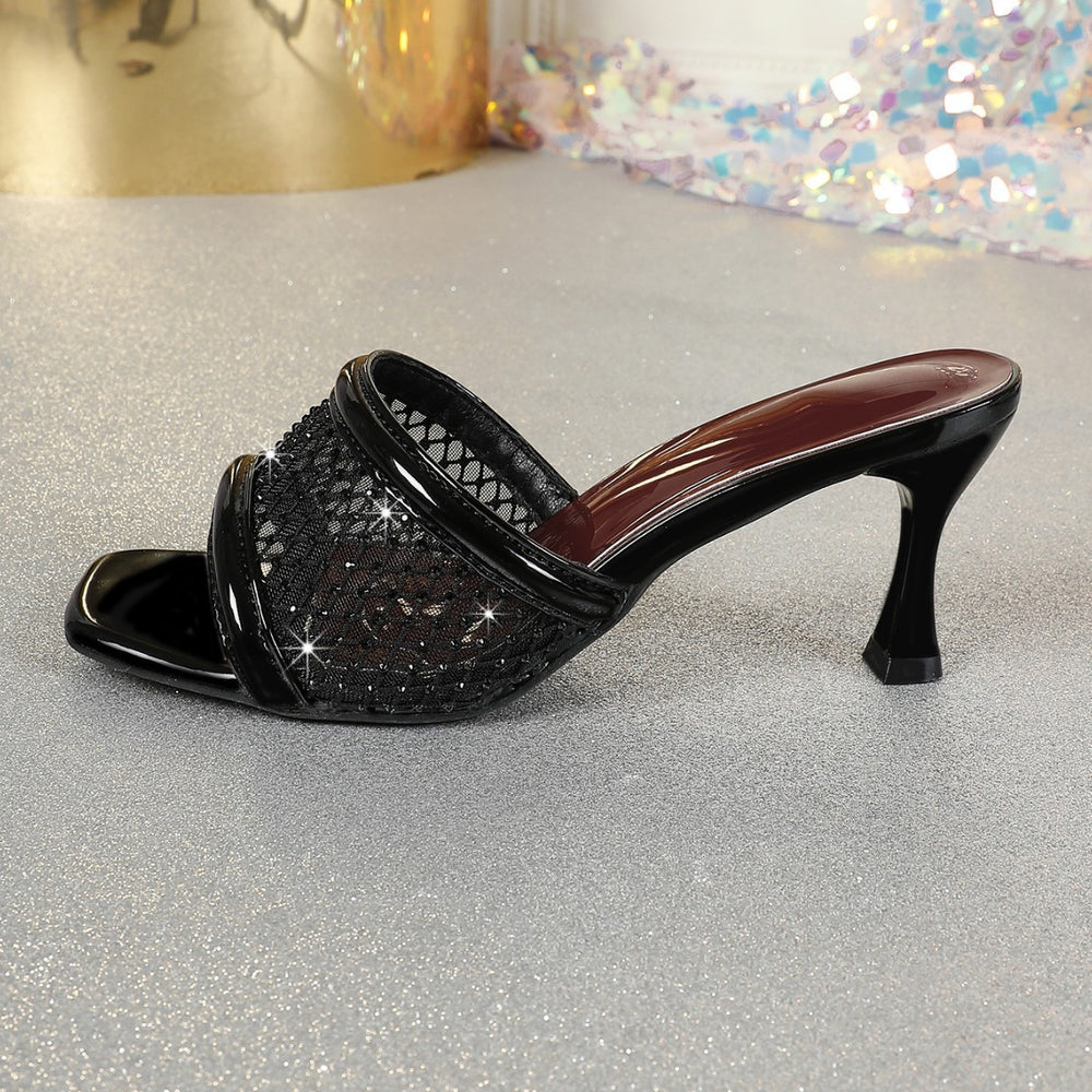 New mesh rhinestone high-heeled slippers 2025 - unique design, solid color, sexy & chic, transparent party sandals