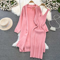 Soft and lazy style easiest for matchloose medium longknittingsweateroutweartwo-piece setv neck vest hip-covering dress