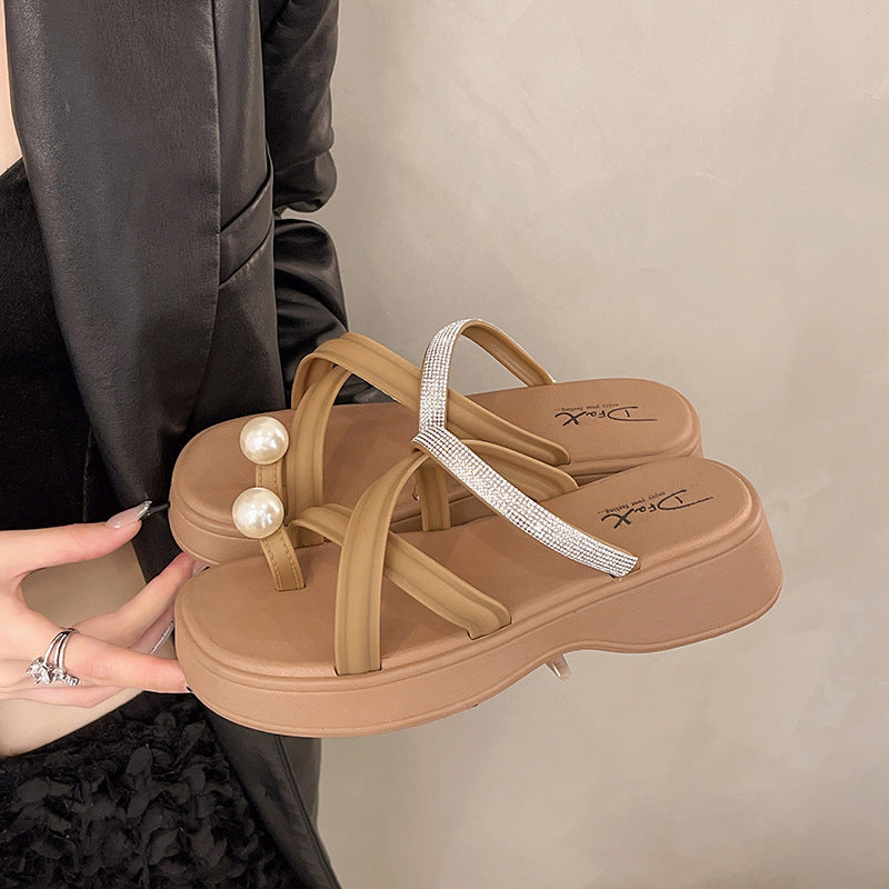 2024 women's platform slippers - outdoor wear, criss-cross rhinestone thong sandals, fashion pearl beach platform slippers