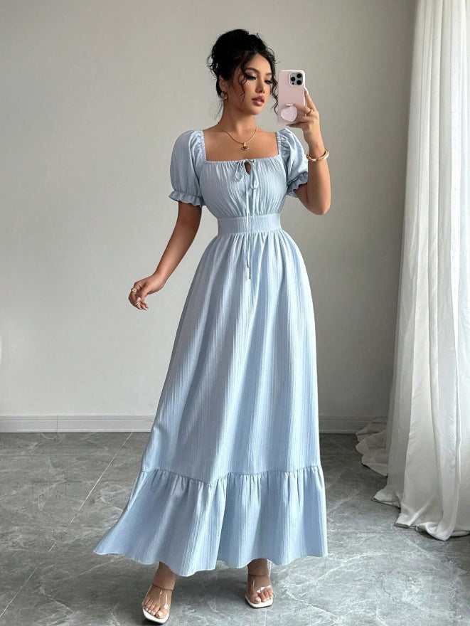 spring women's fashion: european and american fresh & elegant lace-up square neck dress - youthful, backless, ruffle sleeve french style dress
