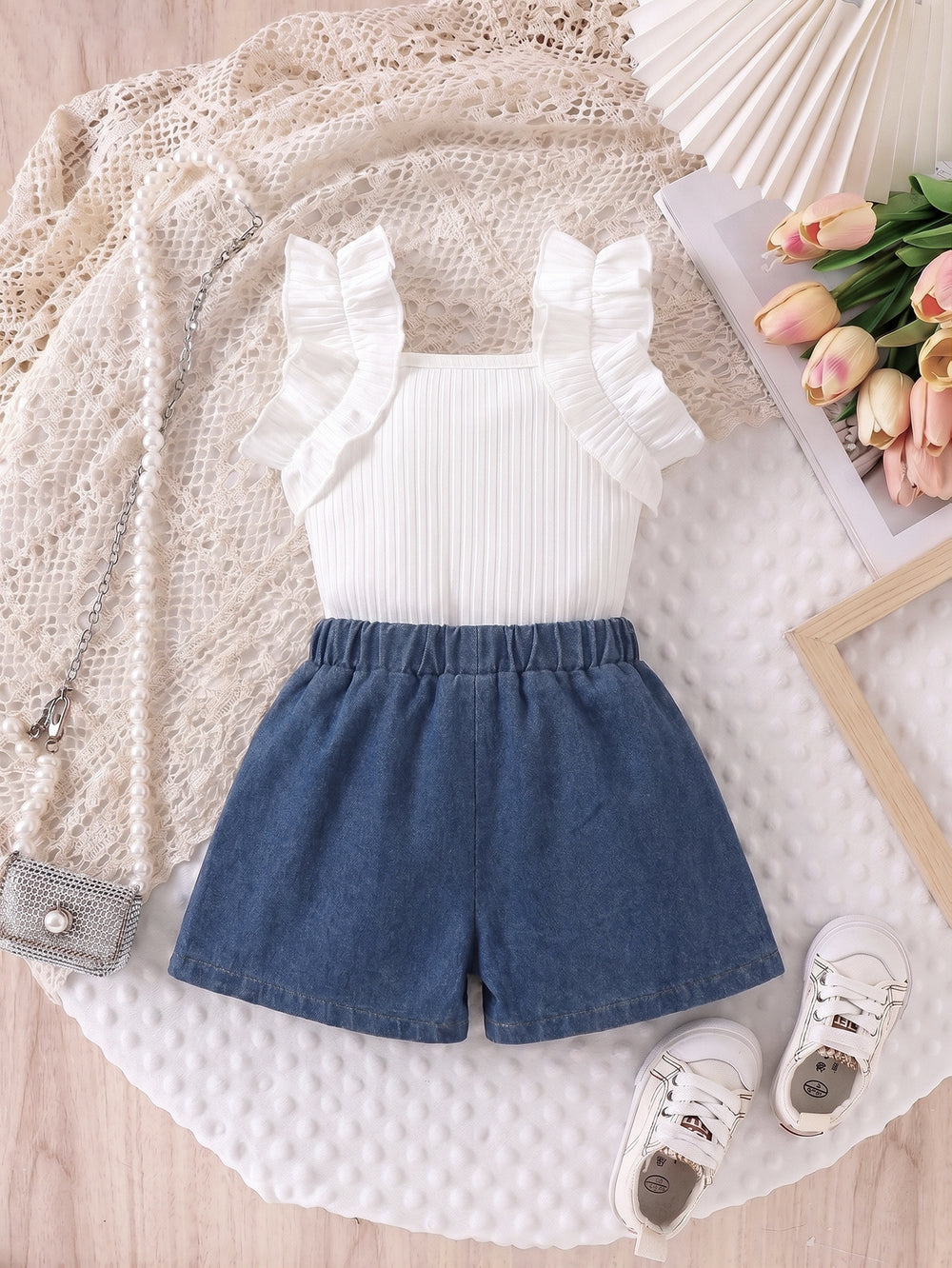 cross-border girls' fashion set: european & american style ruffle top + 3d floral washed denim jeans