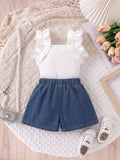 cross-border girls' fashion set: european & american style ruffle top + 3d floral washed denim jeans