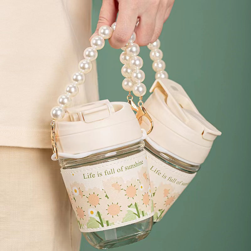 Popular ins style pearl chain satchel water cup small gift souvenir cup good-looking portable glass double drinking cup