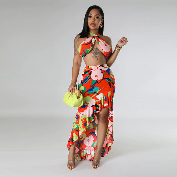 K10731 factory wholesale  explosion European and American style summer wear method lotus leaf pendulum split skirt set