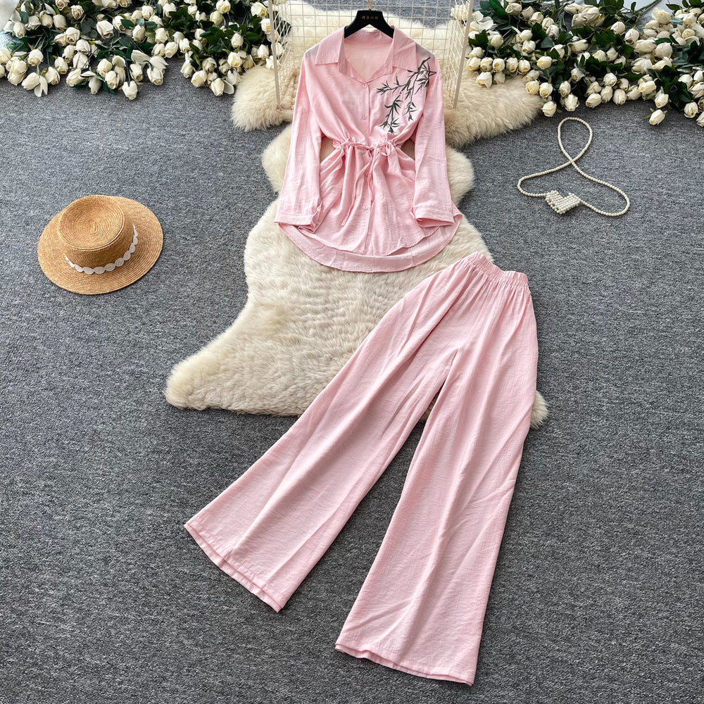 Light mature style zen bows strappy waist shirt women's spring autumhigh waistloose pantstwo-piece setautumwork clothing